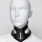 Black leather choker with metal accents on a mannequin head against a white background