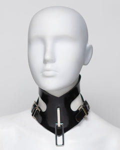 Black leather choker with metal accents on a mannequin head against a white background
