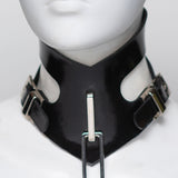 Black rubber collar with silver buckles on a mannequin head.