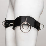 The side of the ilaria double ring thigh cuffs set is shown on a white mannequin in front of a gray background.