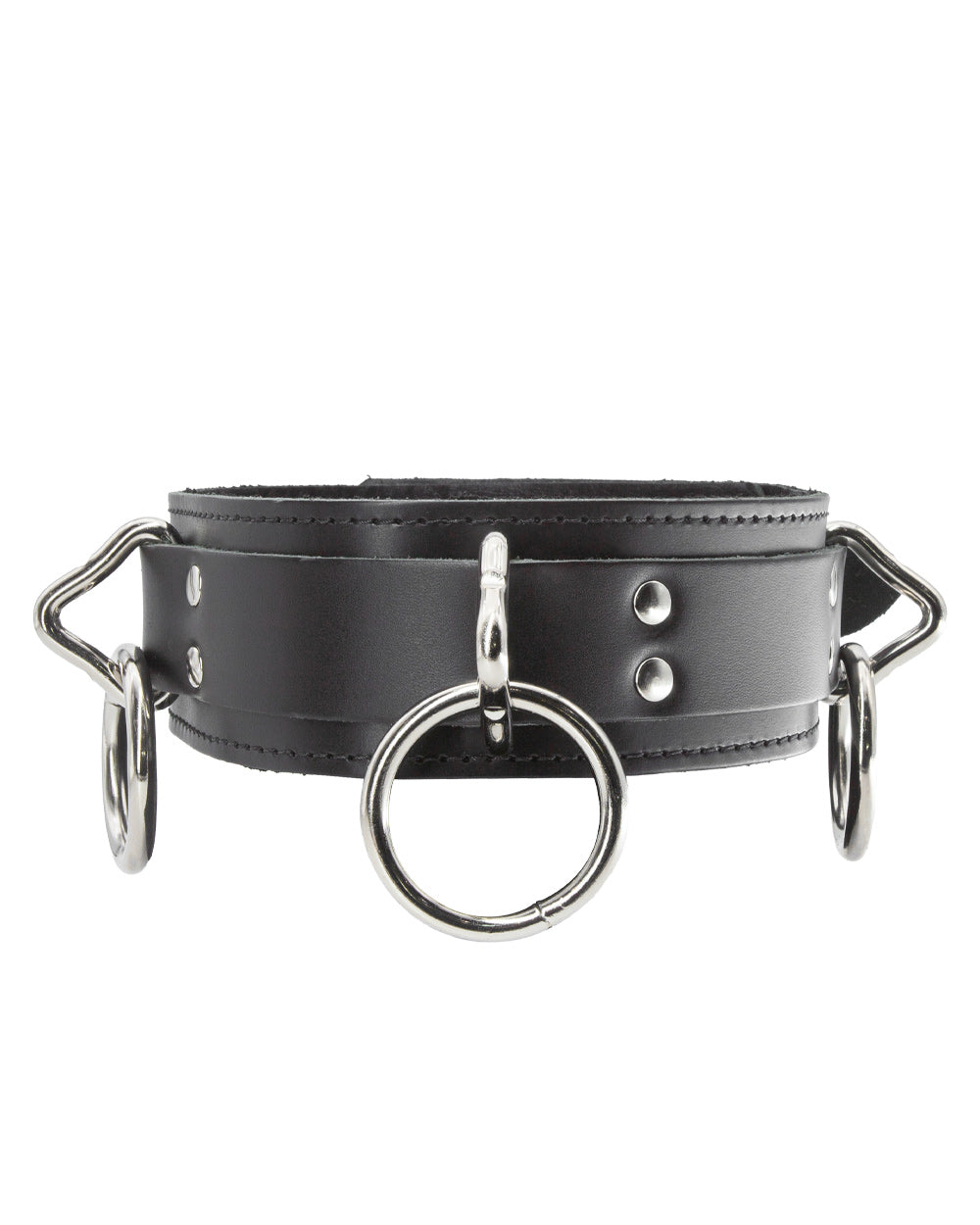 The 3-Ring Collar With A Locking Buckle is shown against a blank background. It has three metal triangle rings, each one with an O-ring attached to it. There is a smaller triangle ring attached to a tab at the back of the collar.