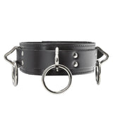 The 3-Ring Collar With A Locking Buckle is shown against a blank background. It has three metal triangle rings, each one with an O-ring attached to it. There is a smaller triangle ring attached to a tab at the back of the collar.