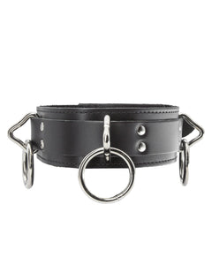 The 3-Ring Collar With A Locking Buckle is shown against a blank background. It has three metal triangle rings, each one with an O-ring attached to it. There is a smaller triangle ring attached to a tab at the back of the collar.