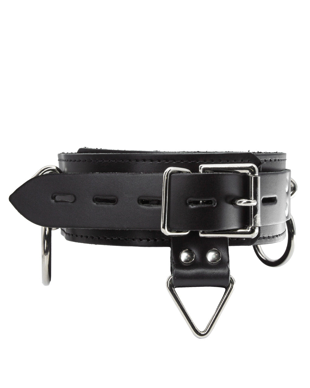 The 3-Ring Collar With A Locking Buckle is shown from the back against a blank background. It has three metal triangle rings, each one with an O-ring attached to it. There is a smaller triangle ring attached to a tab at the back of the collar.