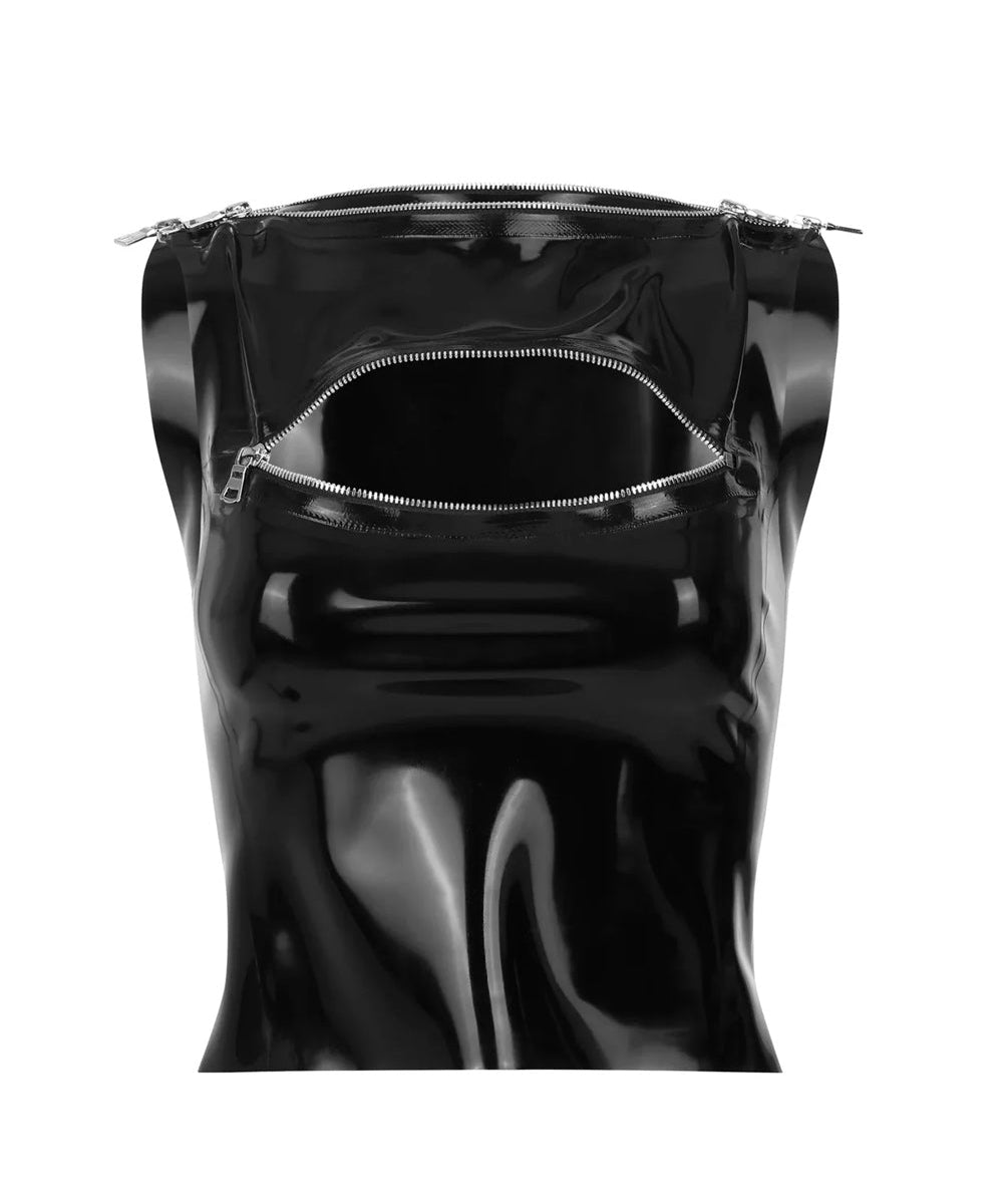 the black latex Billie zipper tank is shown against a white background. 