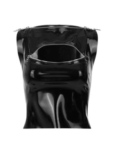 the black latex Billie zipper tank is shown against a white background. 