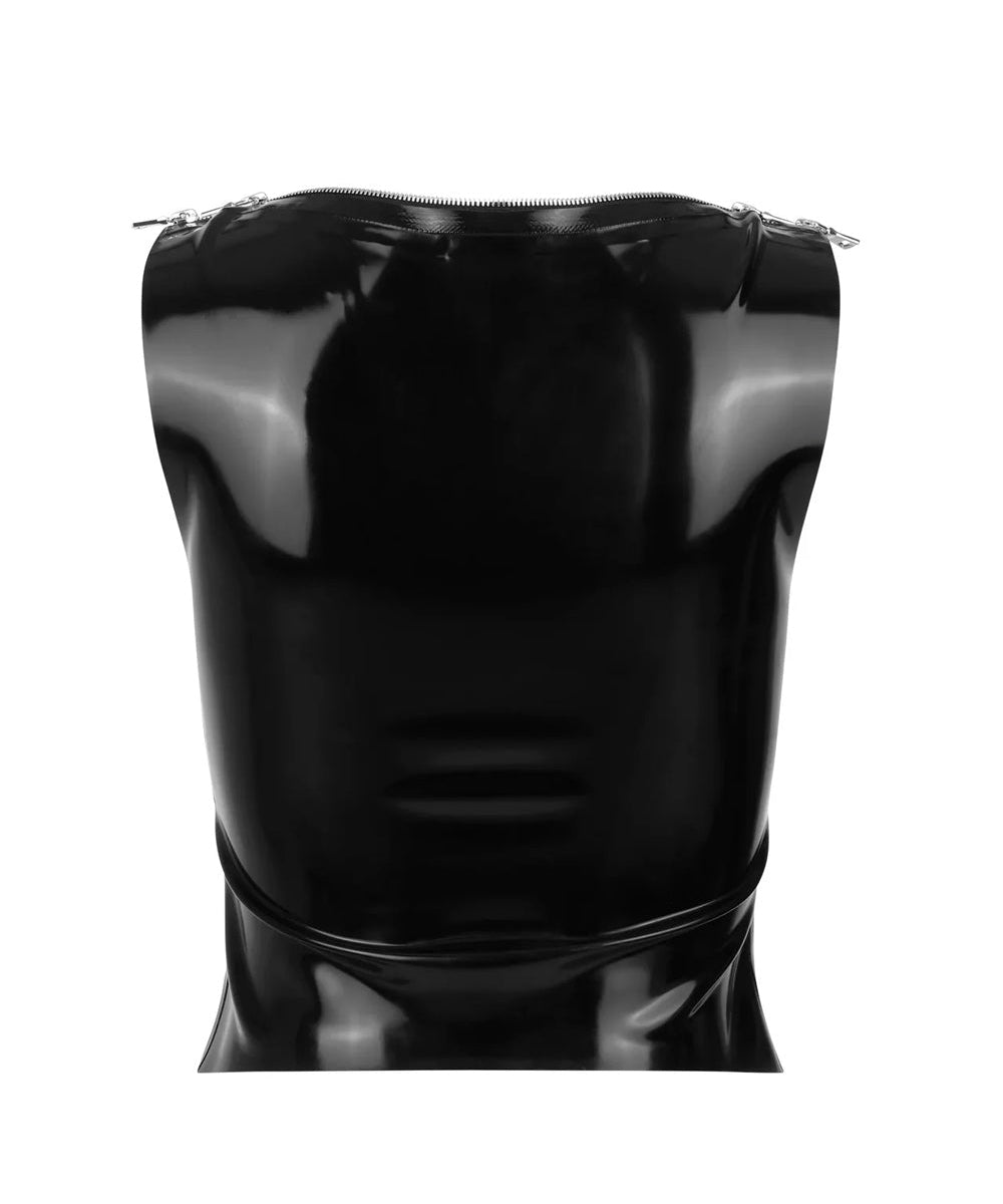 the back of the black latex Billie zipper tank is shown against a white background.