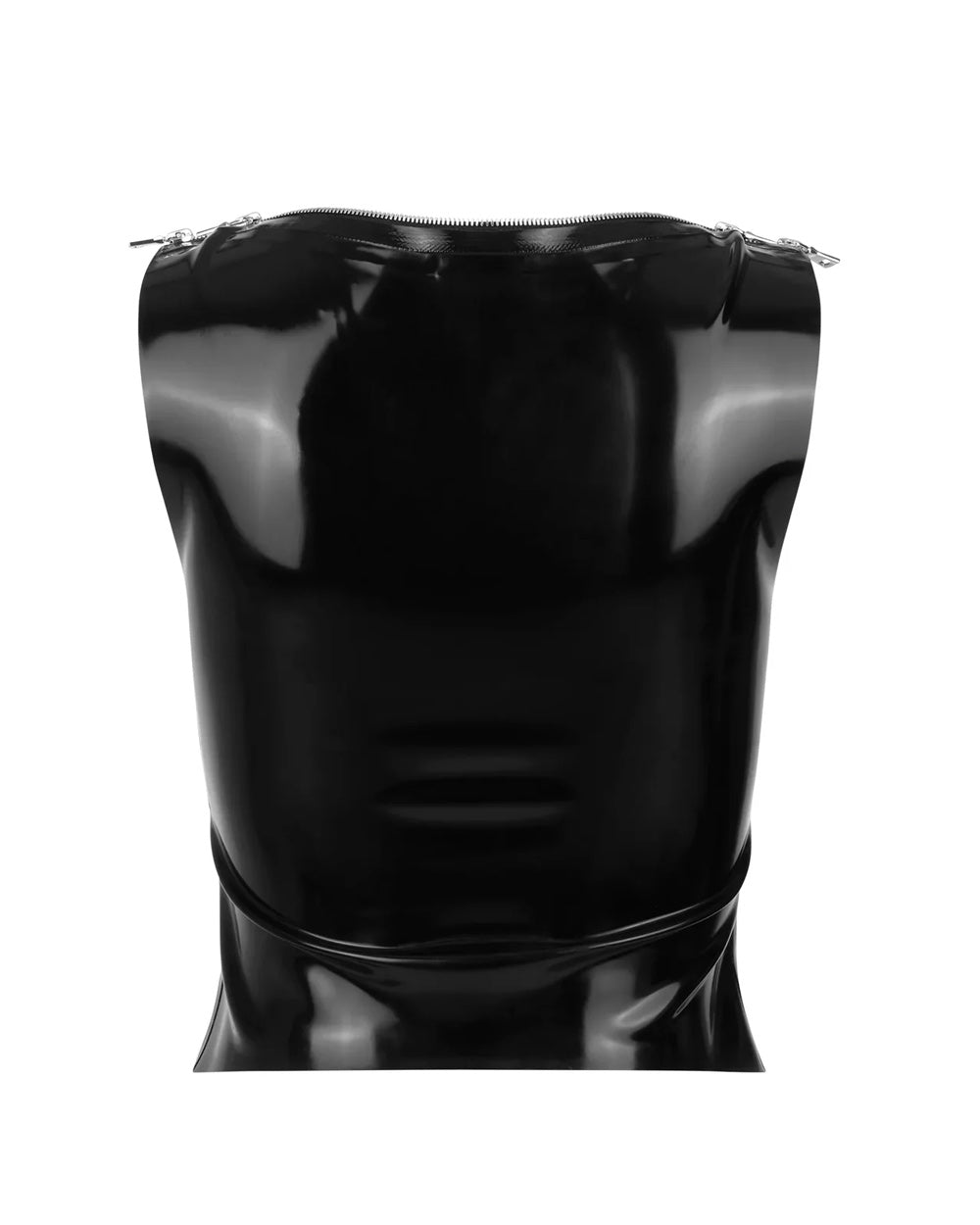 the back of the black latex Billie zipper tank is shown against a white background.