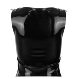 the back of the black latex Billie zipper tank is shown against a white background.