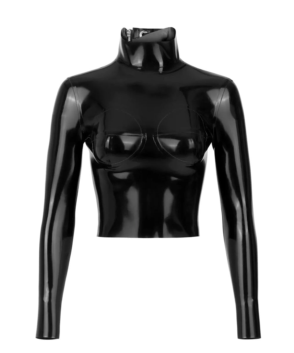 The black latex restraint top is shown against a white background. 