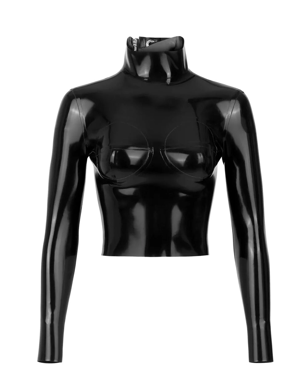 The black latex restraint top is shown against a white background. 