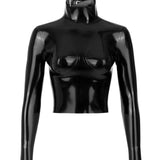 The black latex restraint top is shown against a white background. 