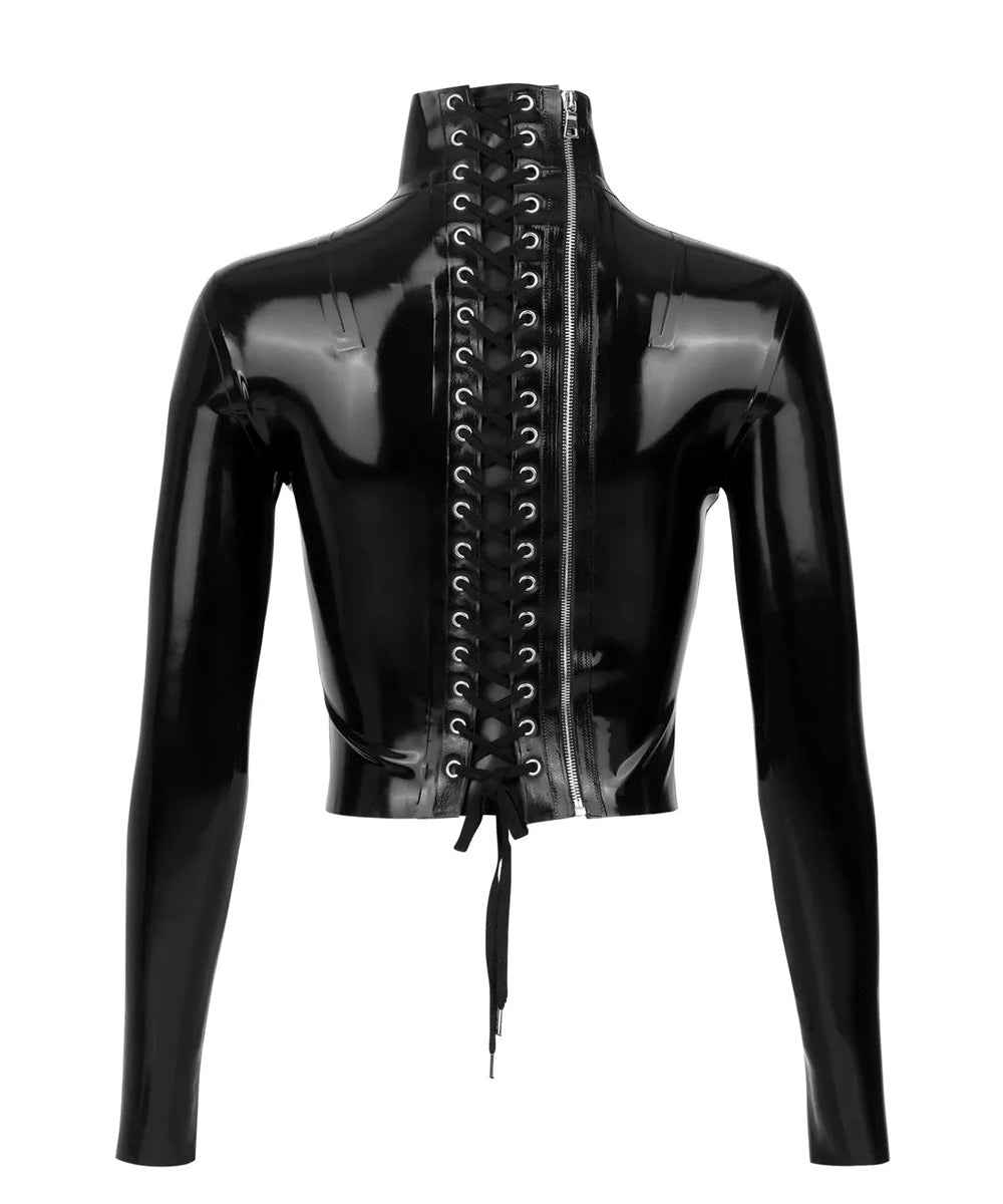 The back of the black latex restraint top is shown against a white background. Black lace and a zipper run along the entire back.