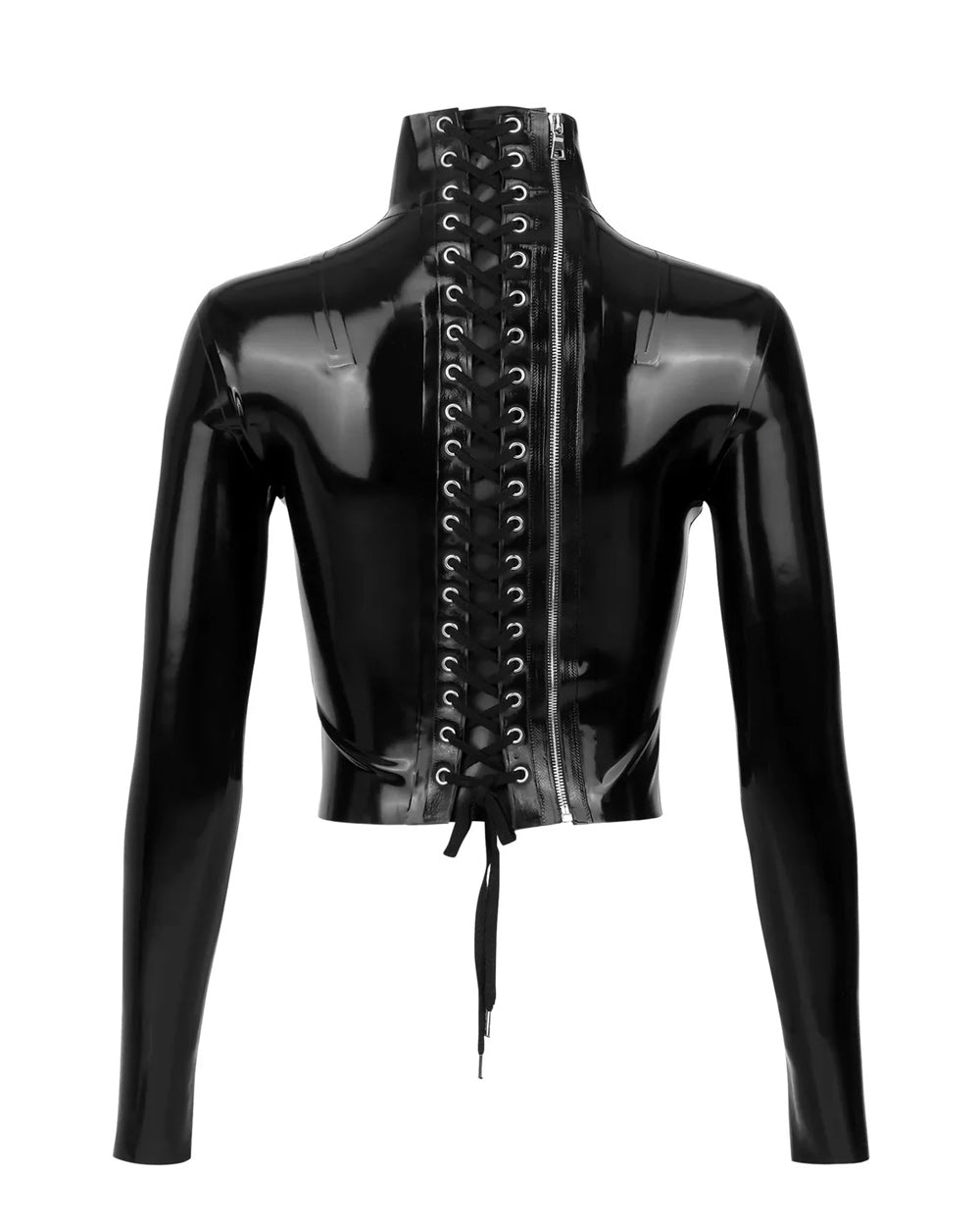 The back of the black latex restraint top is shown against a white background. Black lace and a zipper run along the entire back.