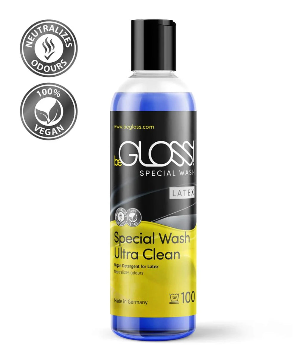 The BeGloss latex detergent is shown against a white background