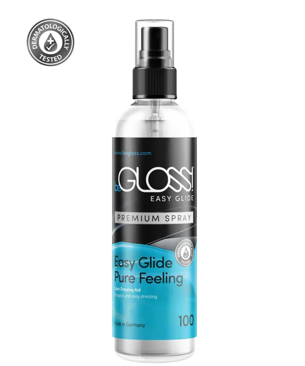 The begloss easy glide latex dressing aid spray is shown against a white background