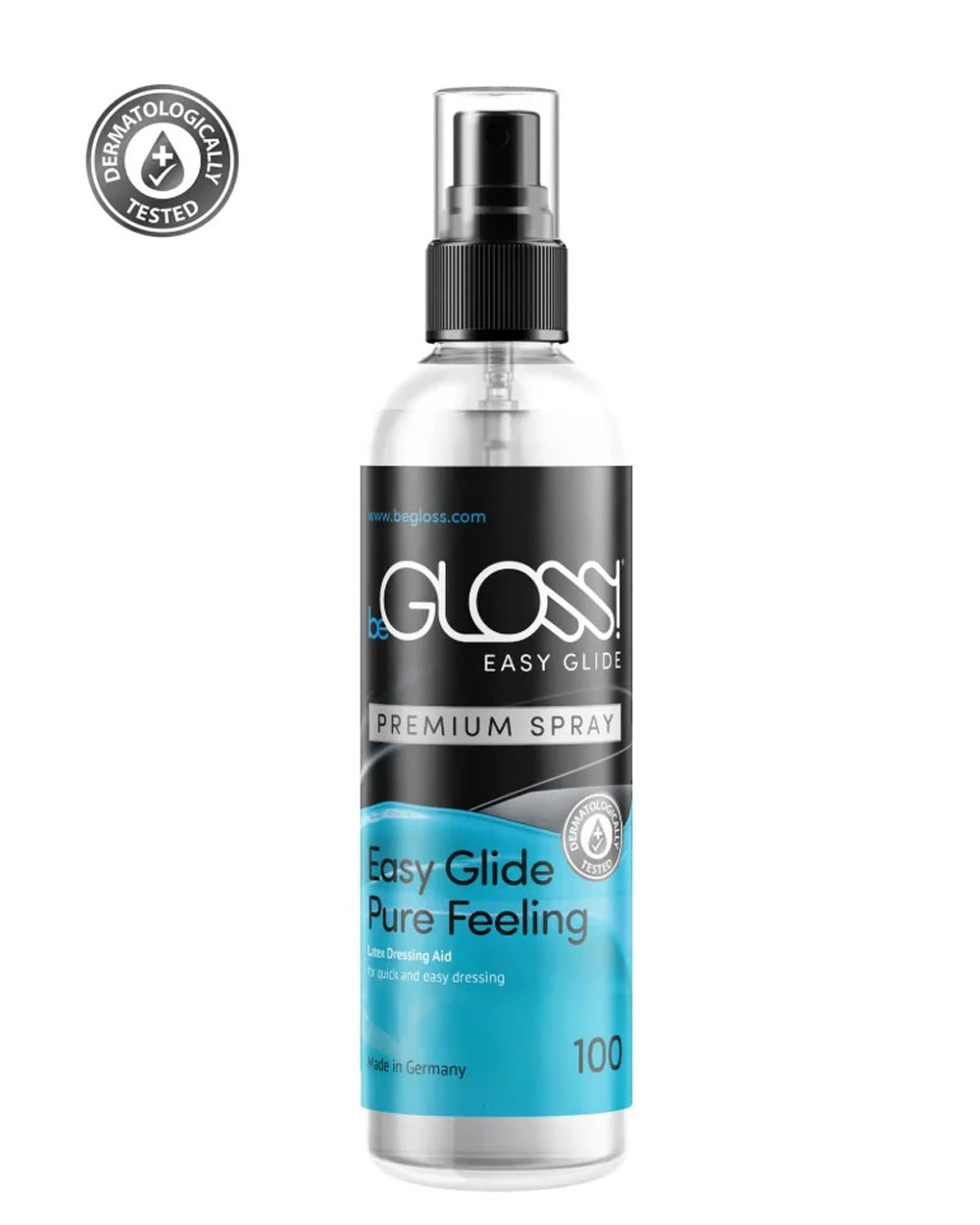 The begloss easy glide latex dressing aid spray is shown against a white background