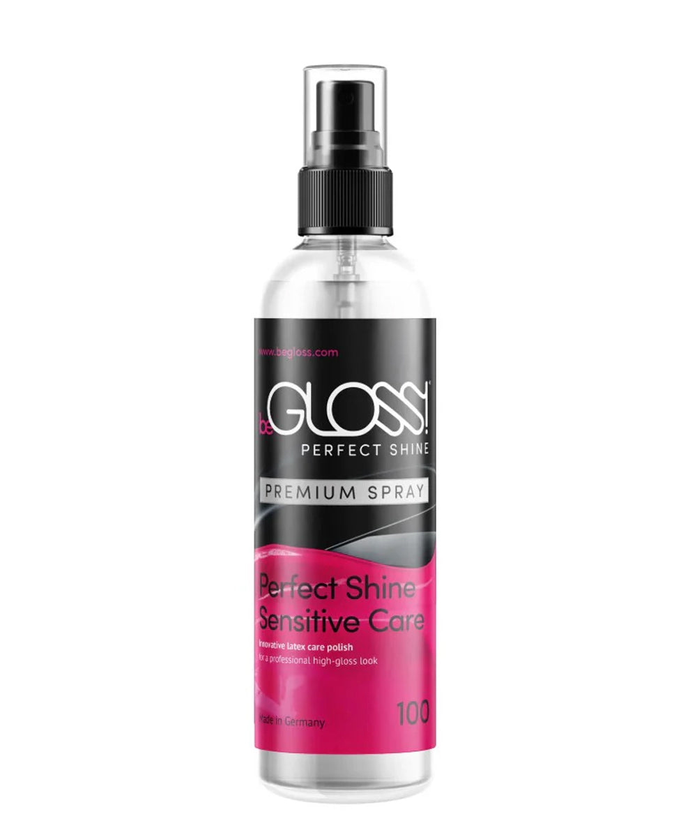 A bottle of the BeGloss easy perfect shine latex polish spray is shown on a white background
