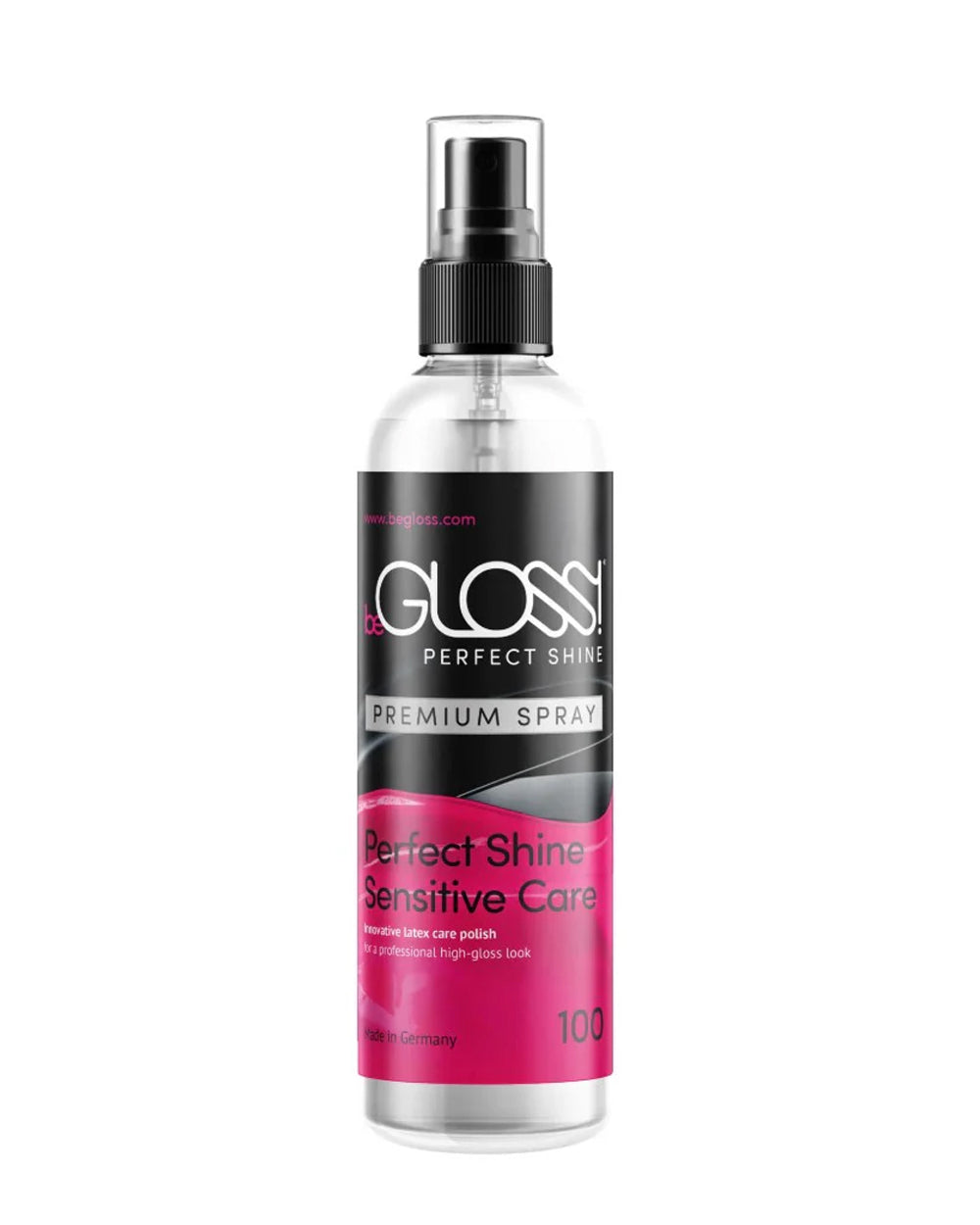 A bottle of the BeGloss easy perfect shine latex polish spray is shown on a white background