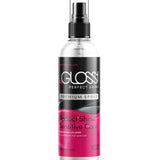 A bottle of the BeGloss easy perfect shine latex polish spray is shown on a white background