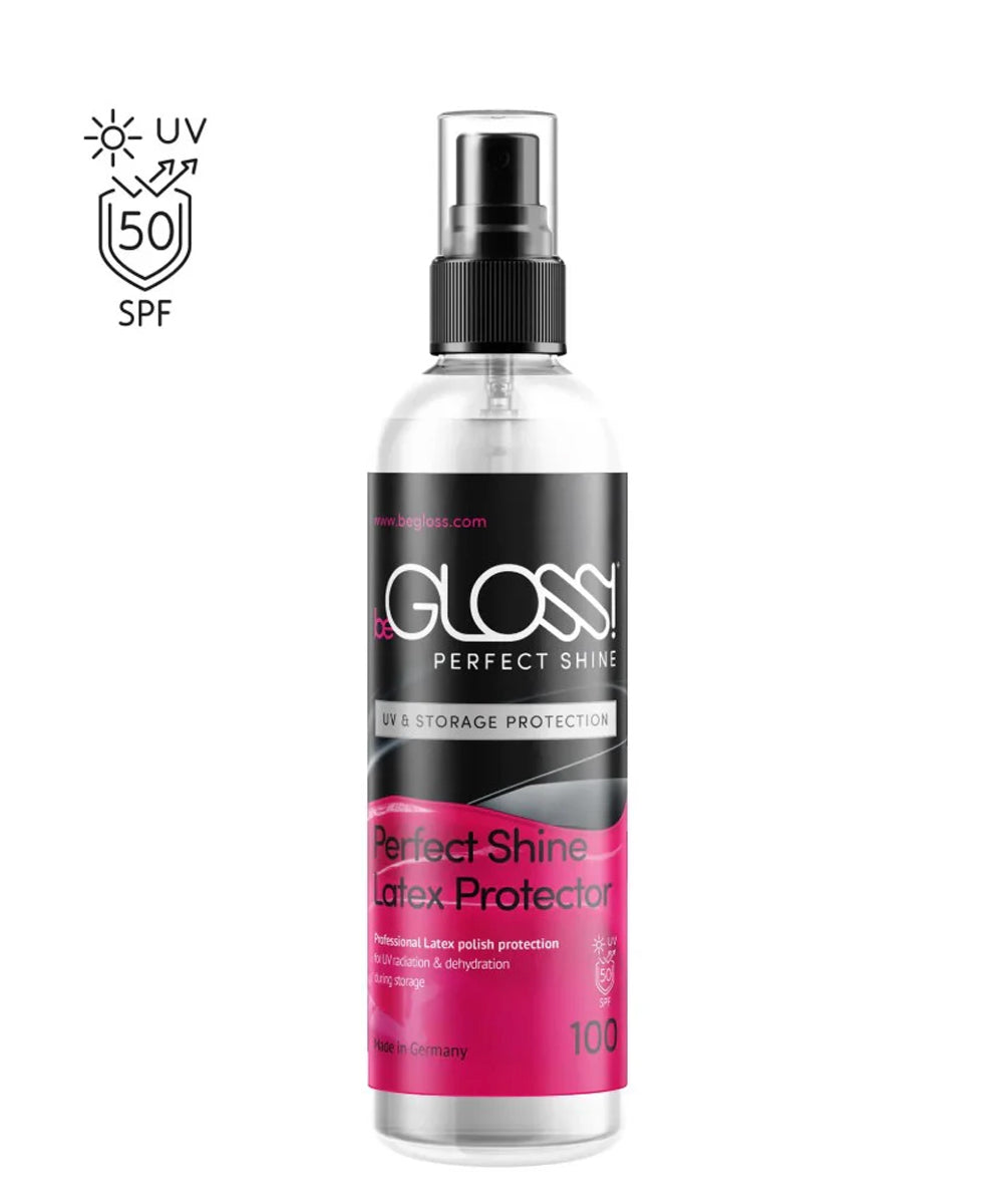 Glossy Perfect Shine latex protector spray bottle with SPF 50+ icon on a white background