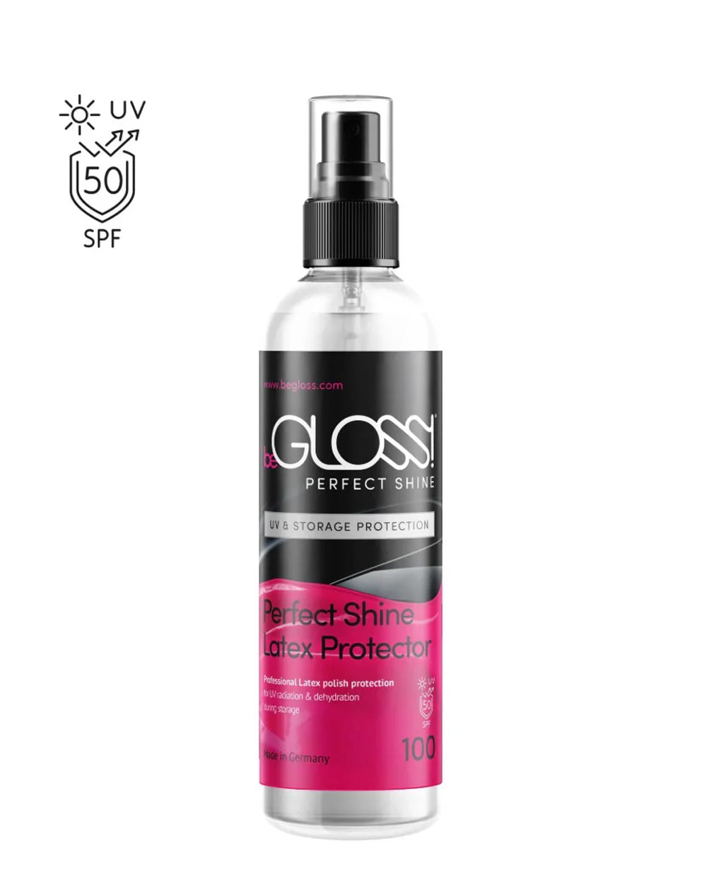 Glossy Perfect Shine latex protector spray bottle with SPF 50+ icon on a white background