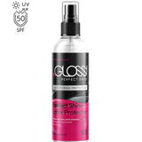Glossy Perfect Shine latex protector spray bottle with SPF 50+ icon on a white background