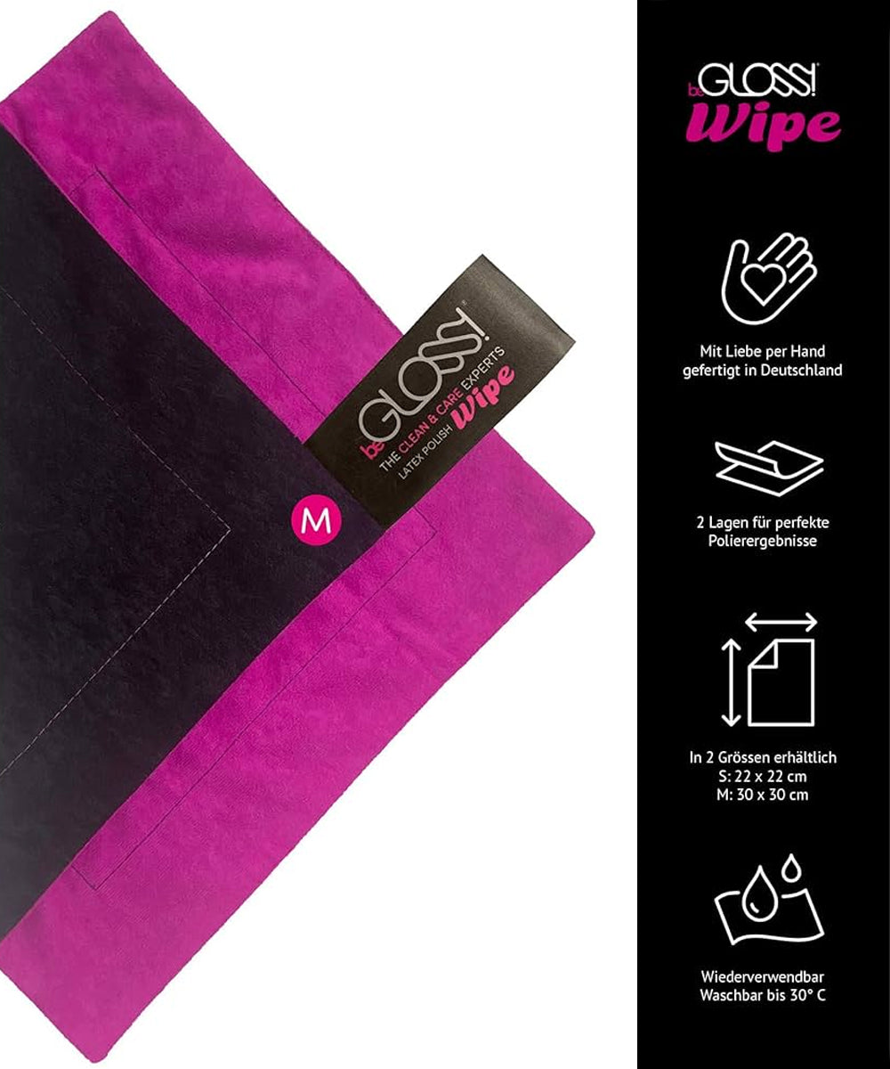 Pink and black GLOSSI Wipe with branding and product details on a white background