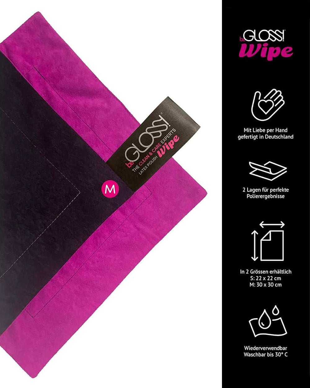 Pink and black GLOSSI Wipe with branding and product details on a white background