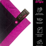 Pink and black GLOSSI Wipe with branding and product details on a white background