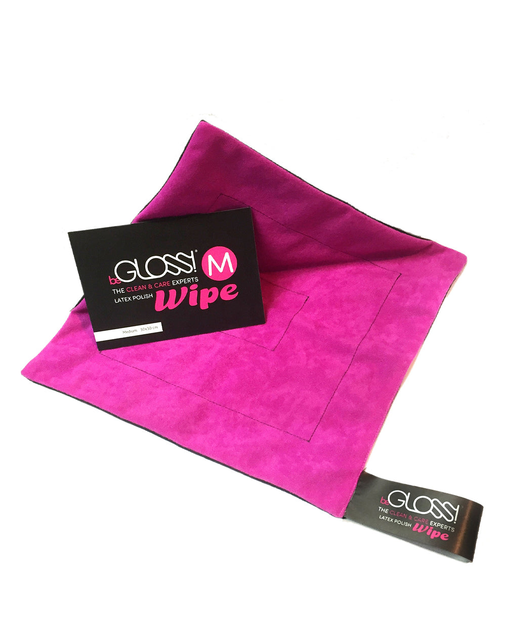 Pink and black GLOSSI Wipe on a white background/