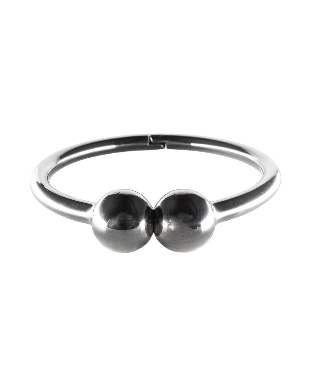 Silver ring with two rounded elements on a white background