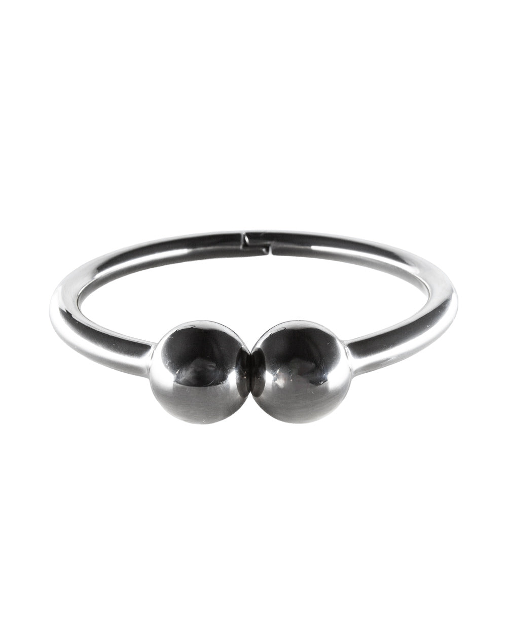 Silver ring with two rounded elements on a white background