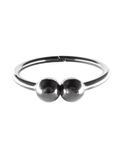 Silver ring with two rounded elements on a white background