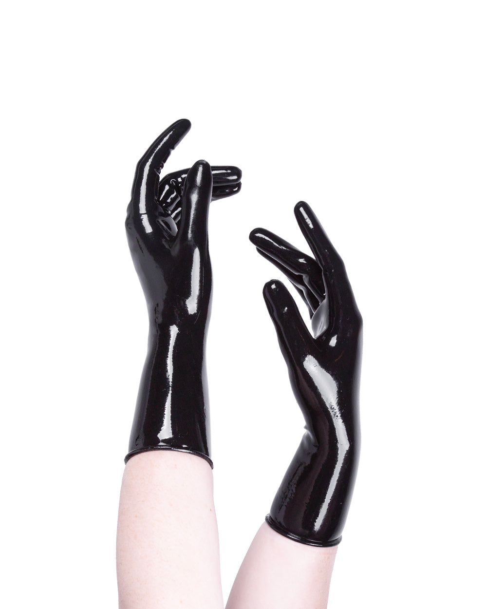 Black glossy gloves worn on a white background