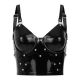 The black latex bound bra is shown against a white background. 