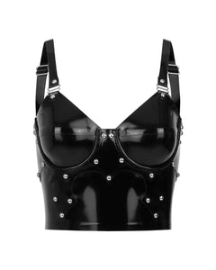 The black latex bound bra is shown against a white background. 
