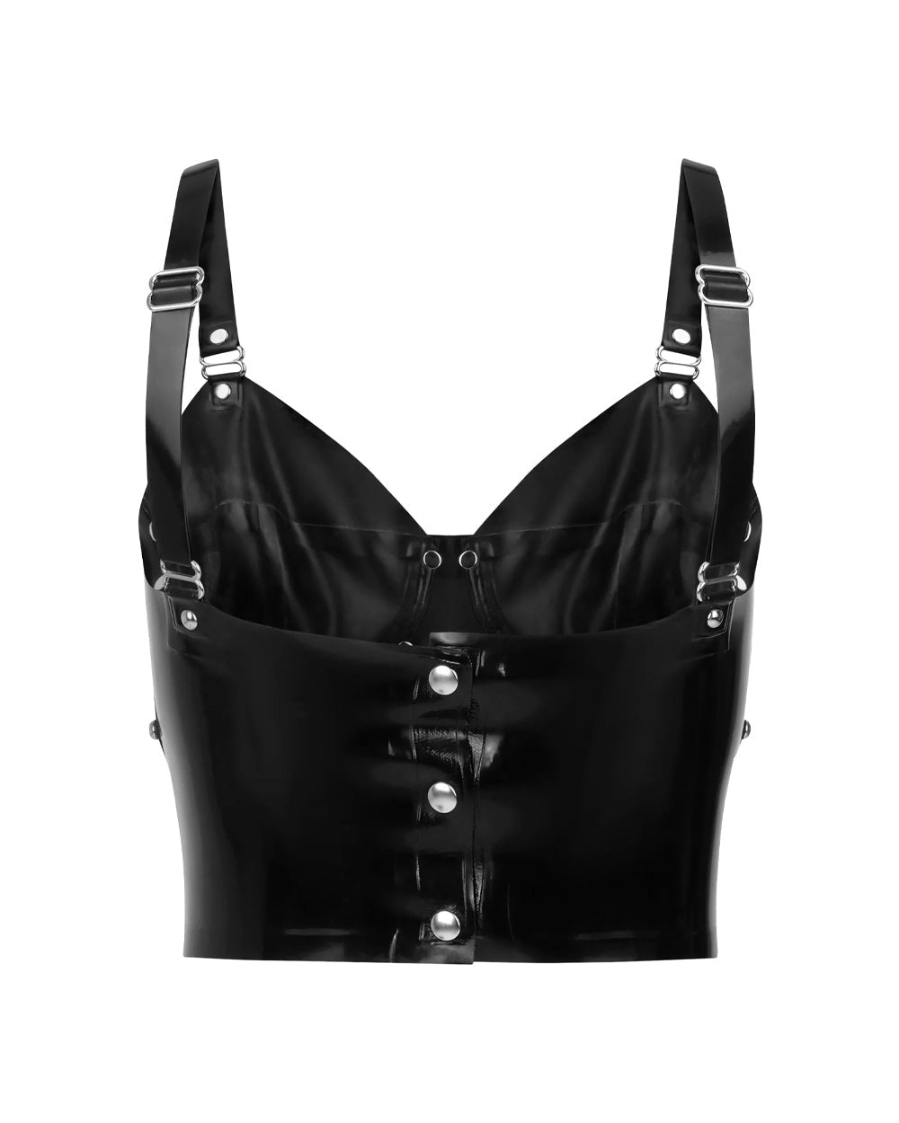 The back of the black latex bound bra is shown against a white background. 