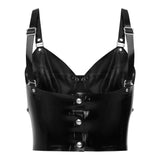 The back of the black latex bound bra is shown against a white background. 
