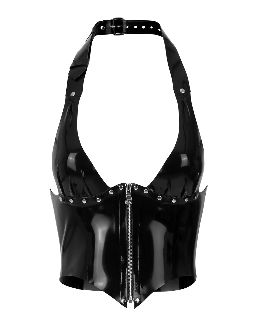 The black Iona latex halter corset is shown against a white background