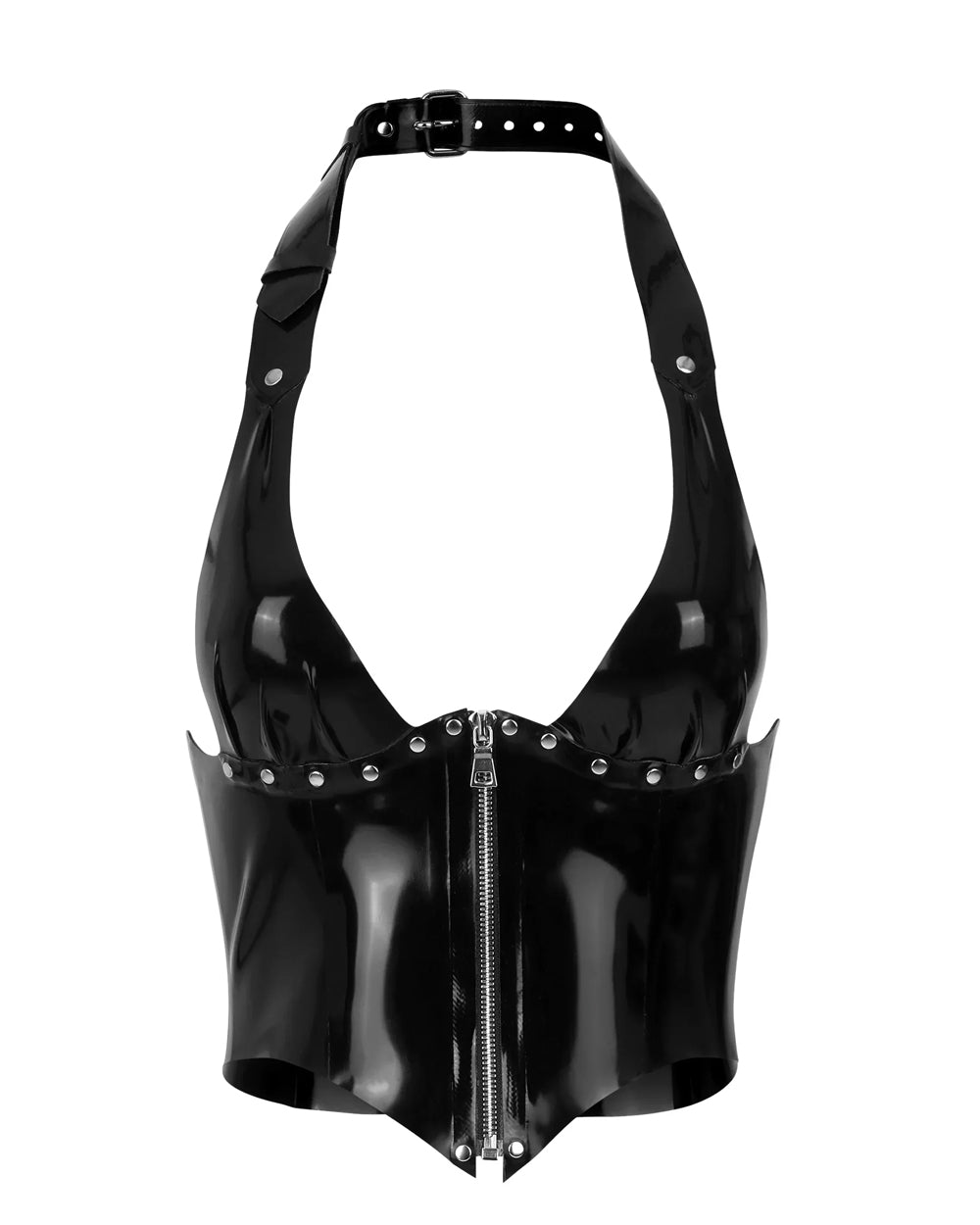 The black Iona latex halter corset is shown against a white background