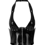 The black Iona latex halter corset is shown against a white background