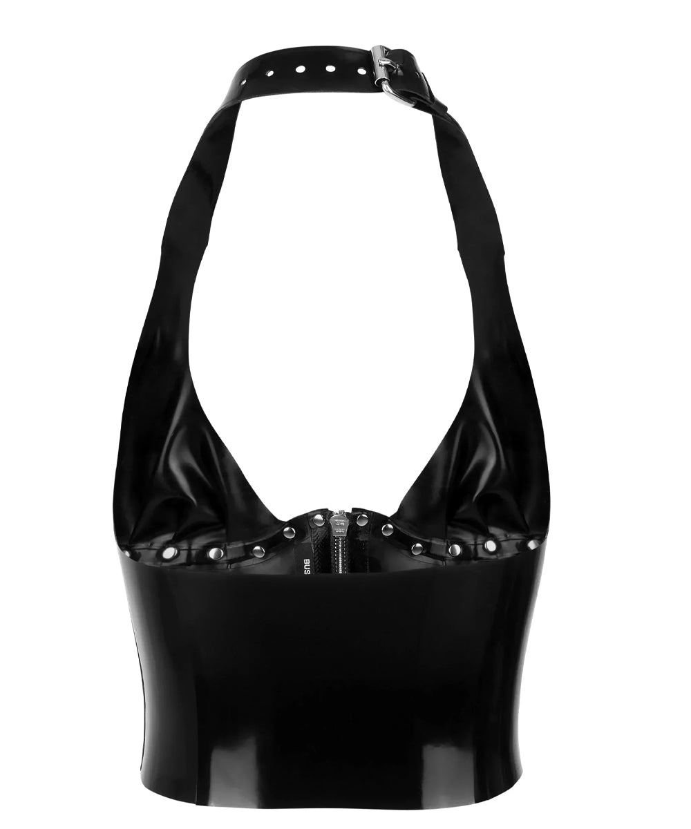 The back of the black Iona latex halter corset is shown against a white background