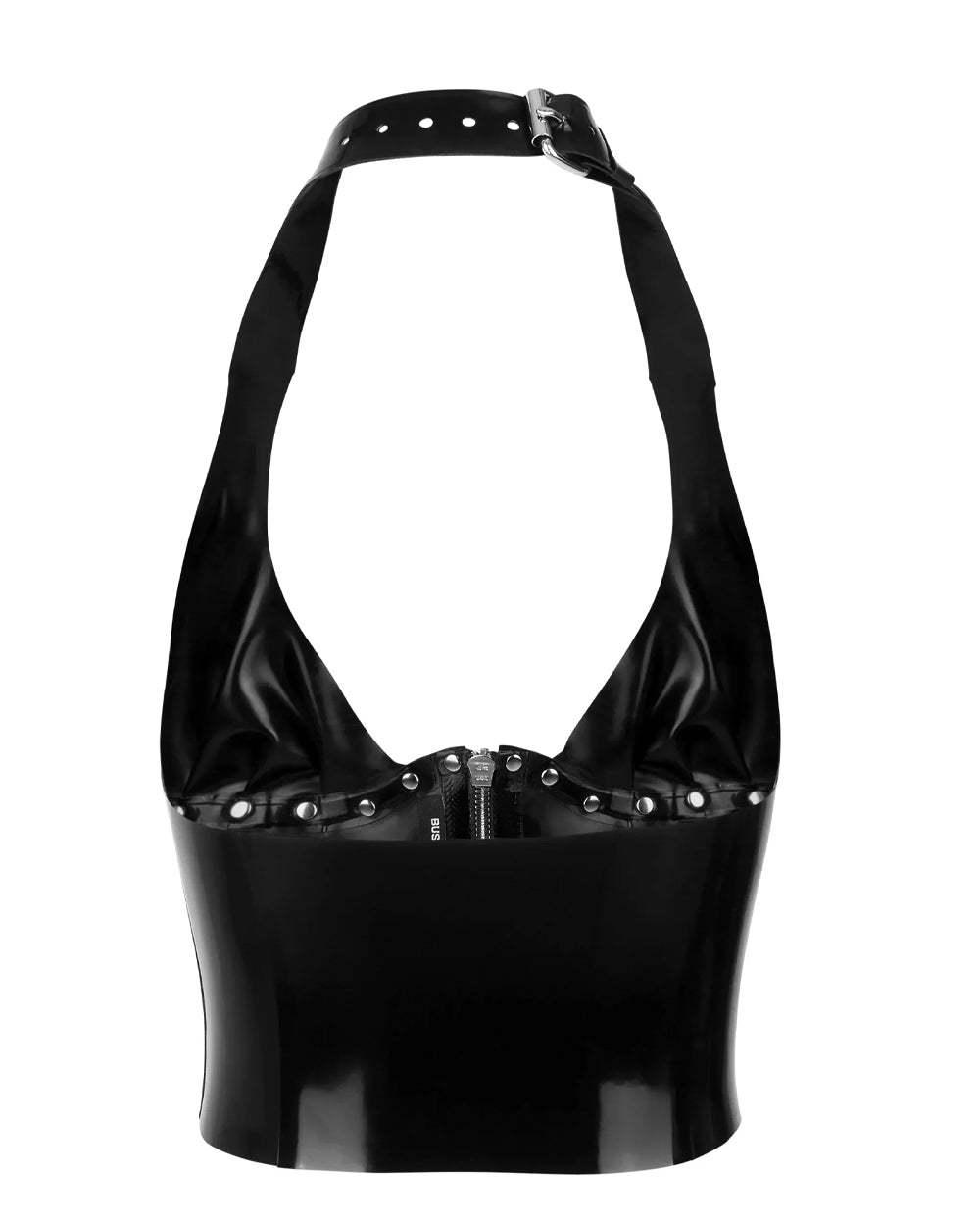 The back of the black Iona latex halter corset is shown against a white background