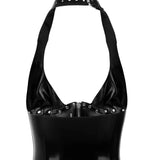 The back of the black Iona latex halter corset is shown against a white background