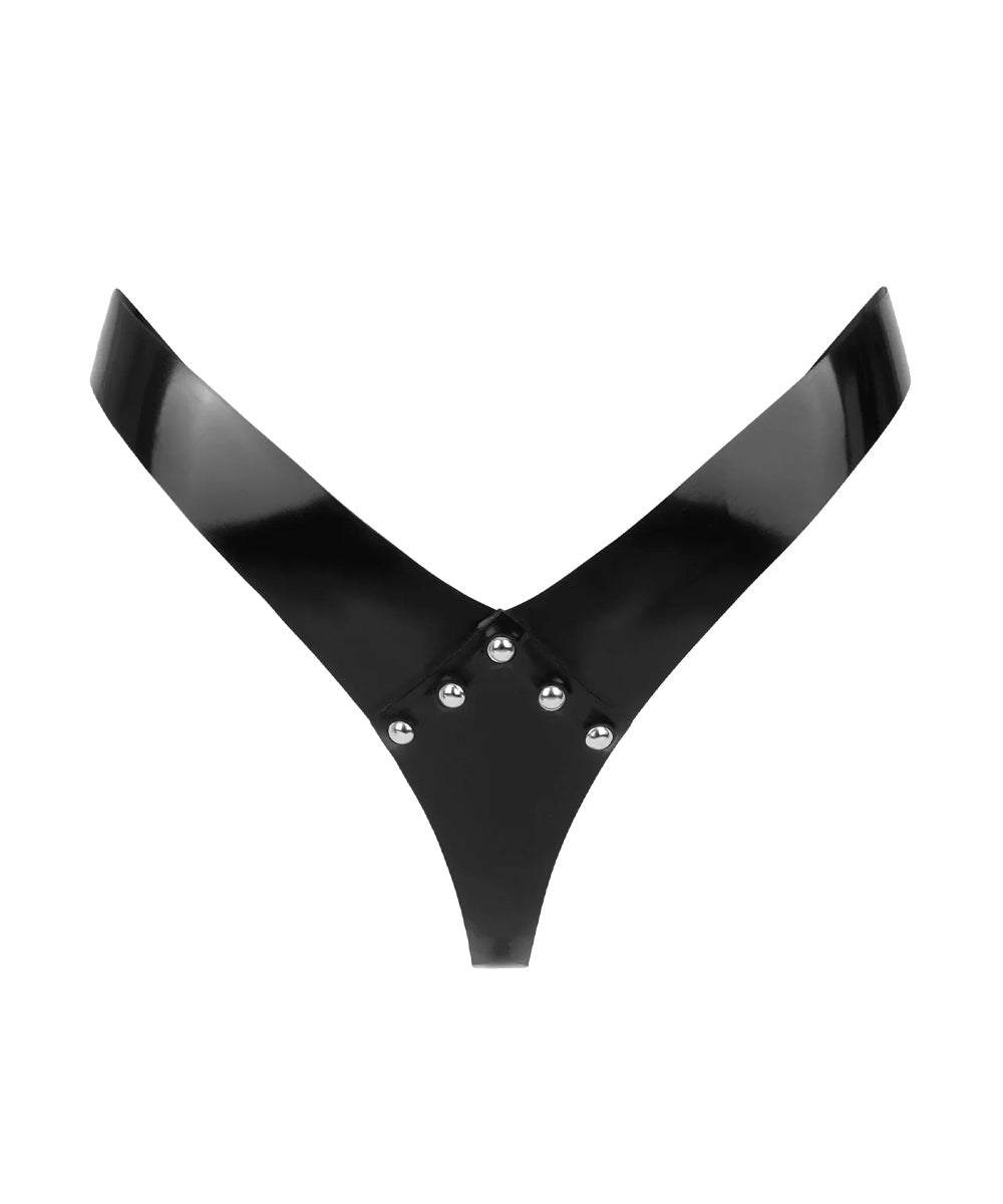 Black latex thong with dome studs against a white background. 