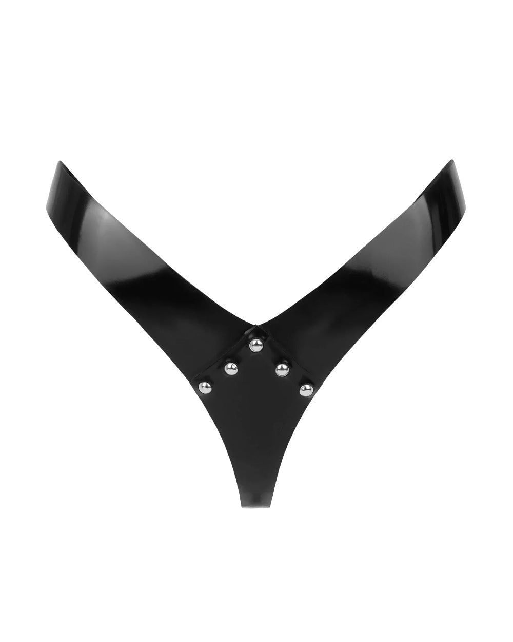 Black latex thong with dome studs against a white background. 