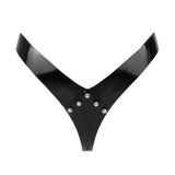 Black latex thong with dome studs against a white background. 