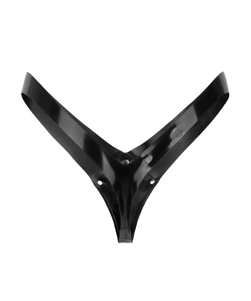 back view of a latex thong against a white background. 