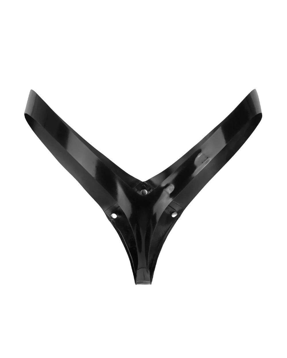 back view of a latex thong against a white background. 